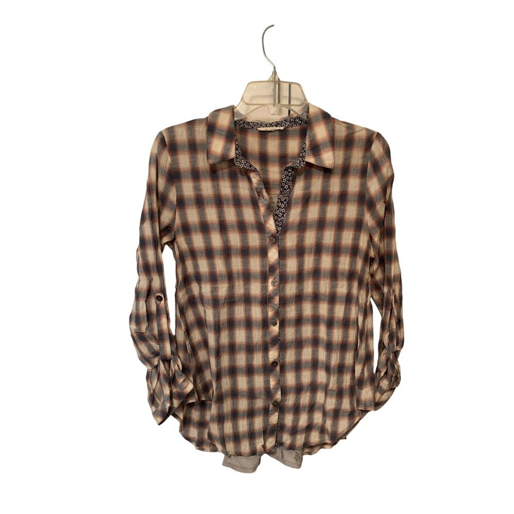 Mystree Womens Size Small Long Sleeve Plaid Gray Lace Panel Black Button Up Shir